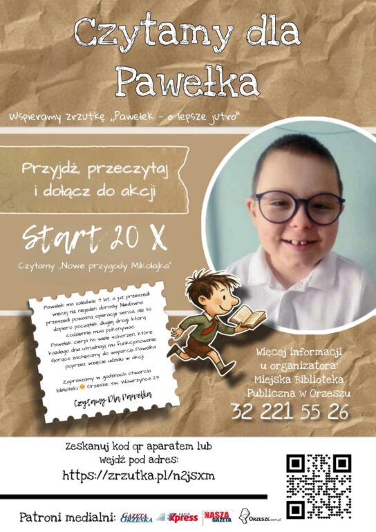 Weź udział w akcji Czytamy dla Pawełka i pomóż 7-latkowi z Gardawic, odwiedzając Miejską Bibliotekę Publiczną w Orzeszu lub wspierając zbiórkę online. Poznaj historię chłopca i dołącz do mieszkańców, którzy chcą odmienić jego codzienność.