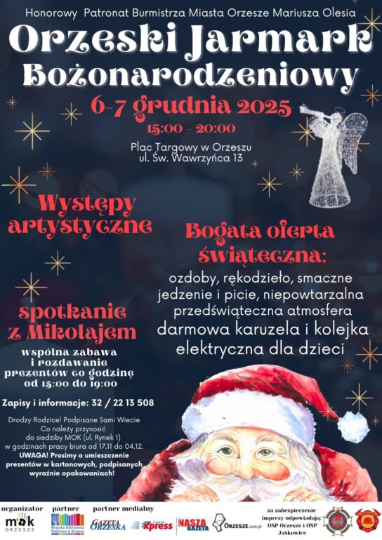 Dowiedz się, co czeka na uczestników Orzeskiego Jarmarku Bożonarodzeniowego 6 i 7 grudnia 2025. Występy lokalnych artystów, spotkanie z Mikołajem i świąteczne smakołyki!