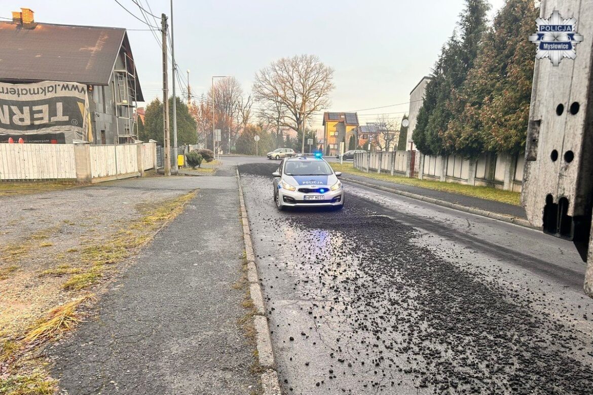 Mysłowice: Z ciężarówki na drogi sypał się węgiel. Kierowcę czekają kłopoty (fot. KMP Mysłowice)