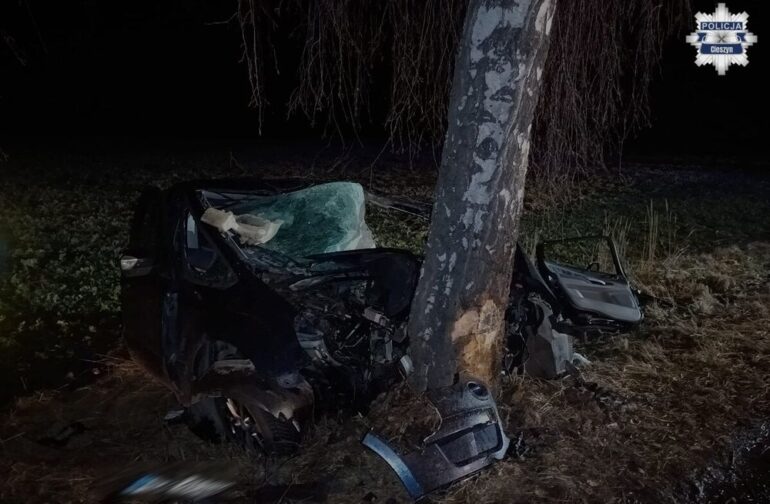 Osobowy Ford roztrzaskał się po uderzeniu w drzewo na Śląsku Cieszyńskim. Zginęła jedna osoba. Tragiczny wypadek w Kończycach Wielkich wydarzył się w nocy.