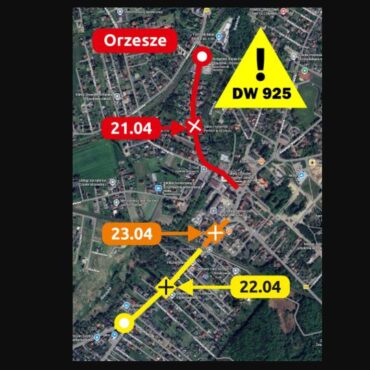 Uwaga kierowcy! Od 21 do 23 kwietnia będą duże utrudnienia w ruchu. Całkowicie zamknięta będzie DW925 na wybranych odcinkach.