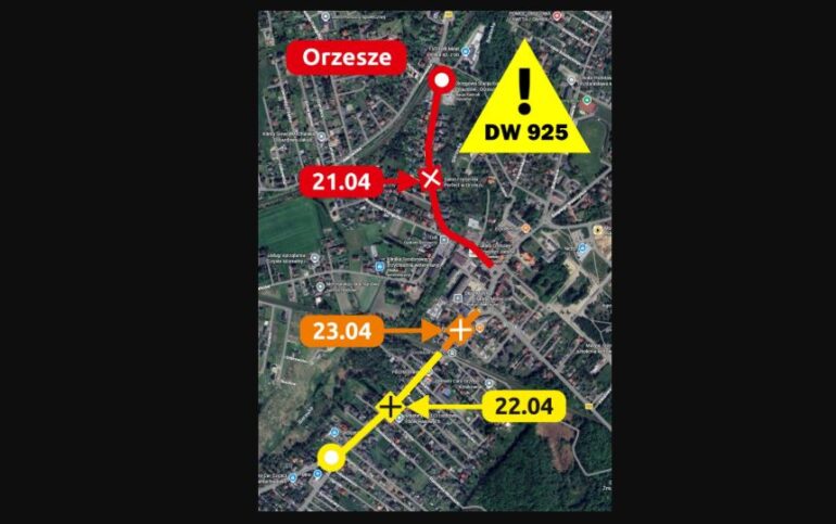 Uwaga kierowcy! Od 21 do 23 kwietnia będą duże utrudnienia w ruchu. Całkowicie zamknięta będzie DW925 na wybranych odcinkach.
