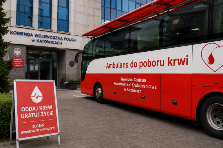 Katowice: akcja oddawania krwi przed Komendą Wojewódzką Policji