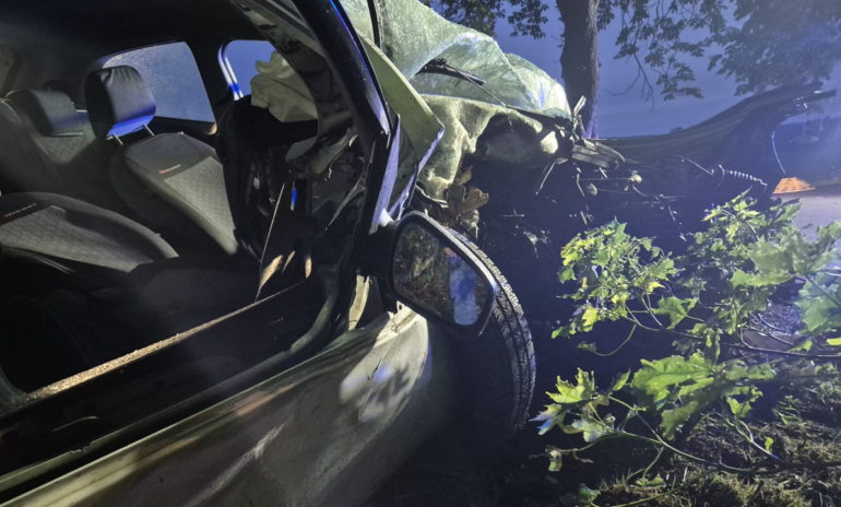 Śmiertelny wypadek w Sarnowie. 19-letni kierowca Forda zmarł po uderzeniu w drzewo. Fot. KMP Gliwice