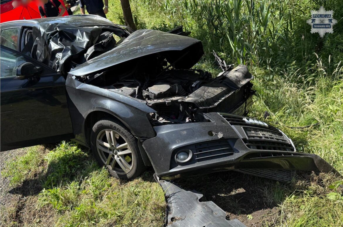 Śmiertelny wypadek między Brynkiem a Połomią. Nie żyją dwie osoby, ranne dzieci trafiły do szpitala. Fot. KPP Tarnowskie Góry