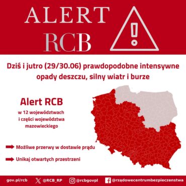 „Uwaga! Dziś i jutro (29/30.06) prawdopodobne intensywne opady deszczu, silny wiatr i burze
