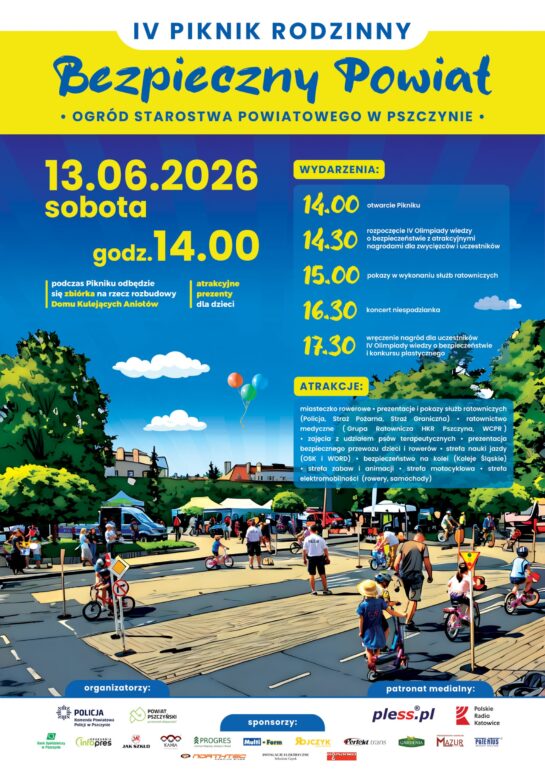 Piknik Bezpieczny Powiat 2026 już 13 czerwca w Pszczynie. Symulacja wypadku, pokazy służb, hulajnogi elektryczne, strefa elektromobilności.