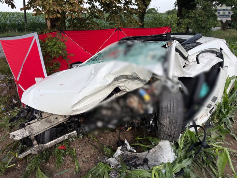 Tragiczny wypadek na Śląsku. Mercedes roztrzaskał się o drzewo, zginęło dwóch młodych mężczyzn . Fot. Policja Tarnowskie Góry