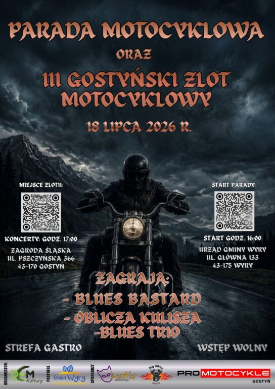 W najbliższą sobotę, 18 lipca odbędzie się III Gostyński Zlot Motocyklowy. Główne wydarzenia zaplanowano po południu, na terenie Zagrody Śląskiej w Gostyni. Imprezie towarzyszyć będzie parada motocyklowa. Przejazd kolumny jednośladów może spowodować czasowe utrudnienia w ruchu w Wyrach, Gostyni i Łaziskach Górnych.