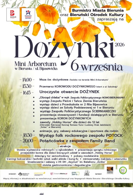 Rolnicze tradycje, kolorowy korowód, koncert zespołu PotOCK i zupełnie nowa atrakcja – Festiwal NGO. Mini Arboretum w Bijasowicach stanie się miejscem wspólnego świętowania Dożynek Miejskich w Bieruniu. Organizatorzy przygotowali program dla całych rodzin, łączący lokalny folklor z nowoczesną rozrywką.