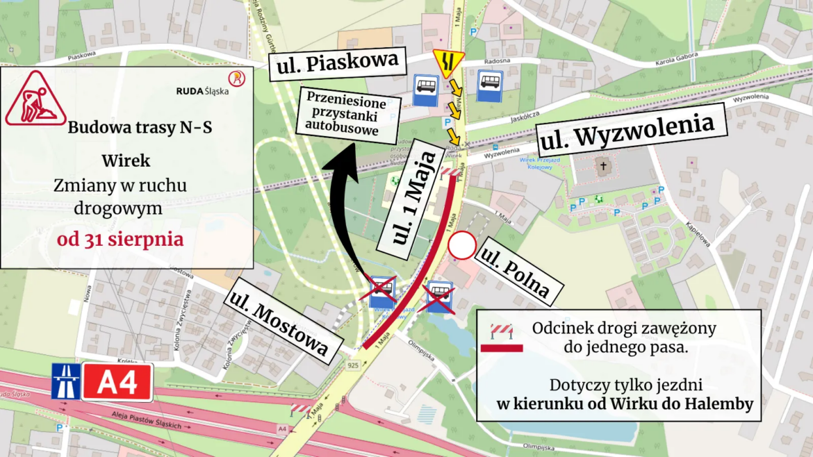 Ruda Śląska: zmiany na ul. 1 Maja od 31 sierpnia. Zwężenie i zmiana przystanków