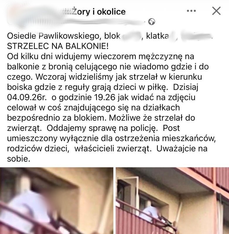 Żory: Mężczyzna z przedmiotem przypominającym broń na balkonie! Policja wkroczyła do akcji. Fot. KMP Żory
