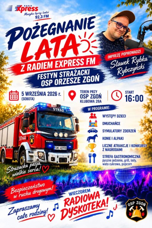 Bezpieczeństwo w ruchu drogowym, rodzinne atrakcje i wieczorna zabawa z Radiem Express FM. W sobotę, 5 września, przy remizie OSP Zgoń odbędzie się czwarta edycja festynu strażackiego „Pożegnanie Lata”.